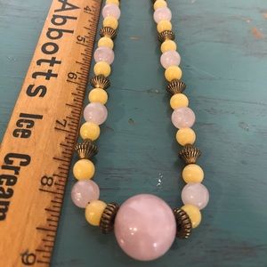 Vntg Pink Rose Quartz Bead & Yellow Stone Necklace